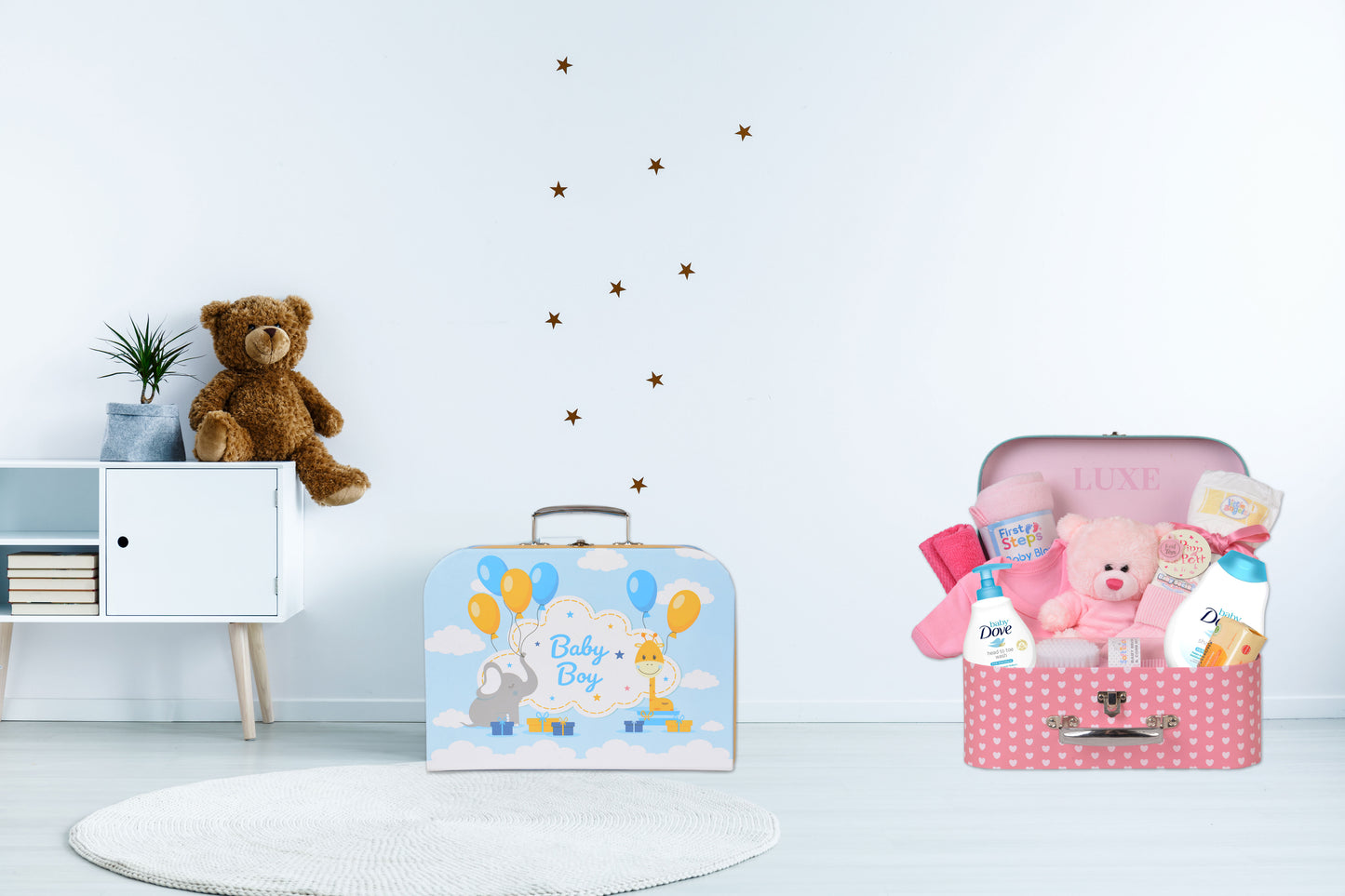 Luxe Box Baby Keepsake Box Gift Set - Pink Hamper Box with Newborn Essentials Suitcase