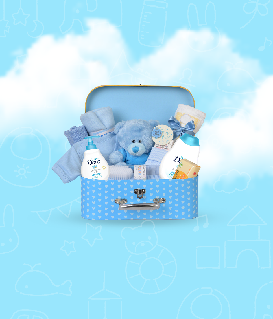 Luxe Box Baby Keepsake Box Gift Set - Blue Hamper Box with Newborn Essentials Keepsake Suitcase