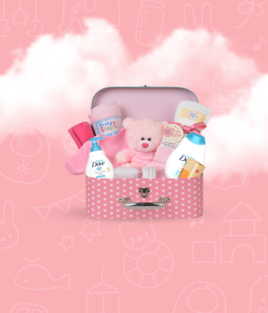 Luxe Box Baby Keepsake Box Gift Set - Pink Hamper Box with Newborn Essentials Suitcase